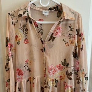 Cupio Long Sleeve Floral Buttonfront Sheer Peplum Blouse
